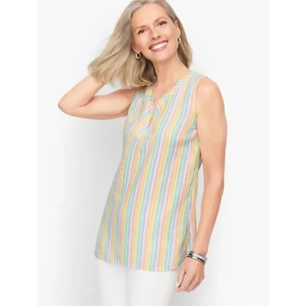 Talbots Multicolor Striped 100% Linen Trapunto Shell Top Sz MP Blogger Favorite